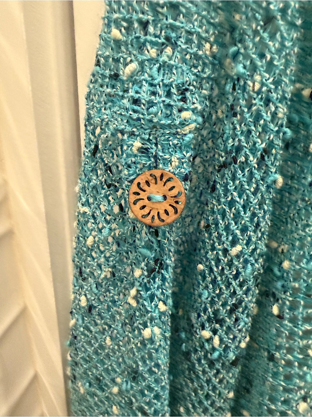 Open-Weave Turquoise Cardigan with Wooden Buttons - Picture 5 of 5